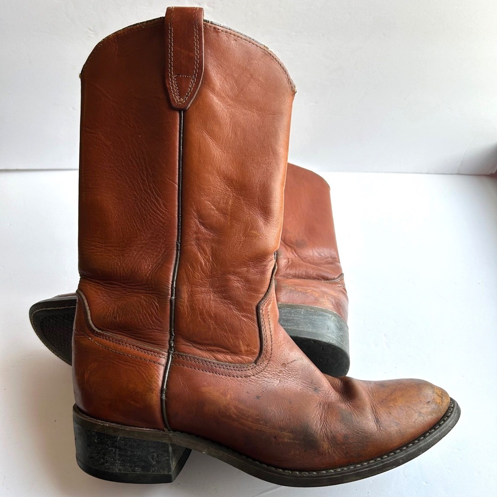 VTG Acme Cowboy Boots Mens 8.5 D Brown Leather Western Pull On 9096 Slip Res USA - Picture 1 of 14